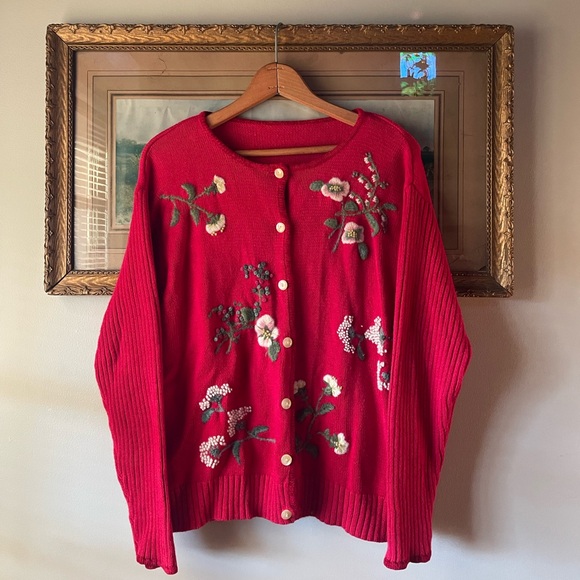 Red Knit Cardigan with Felted Flowers - Picture 1 of 5